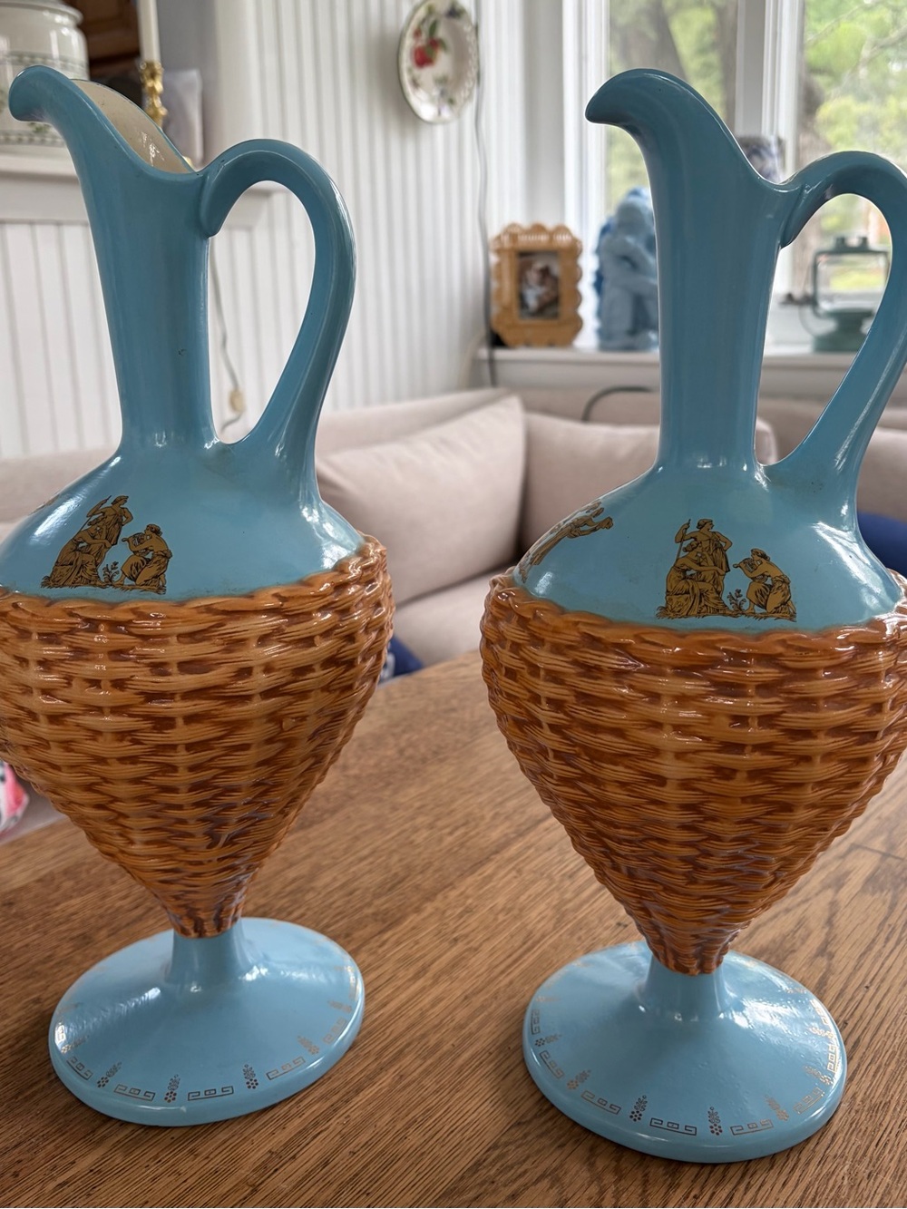 Source Unknown Blue and Brown Wicker-Style Ceramic Pitcher Duo